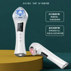 White handheld facial device with a triangular blue light head and silver accents, featuring digital display and control buttons for red and blue led treatments.