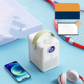 White cube-shaped portable projector with a light green carrying handle and perforated side panels