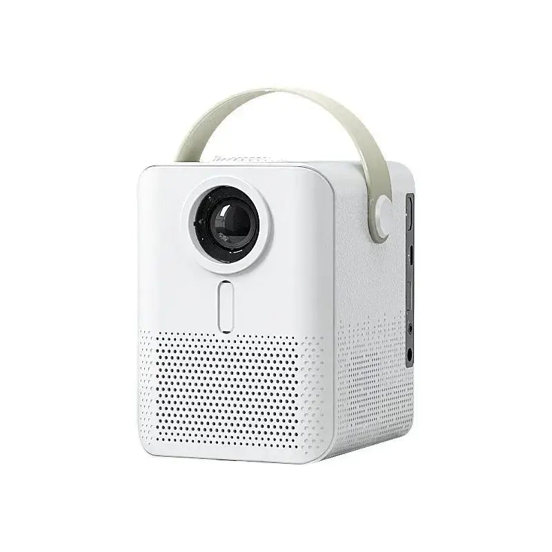 White rectangular portable projector with a carrying handle and perforated speaker grille.
