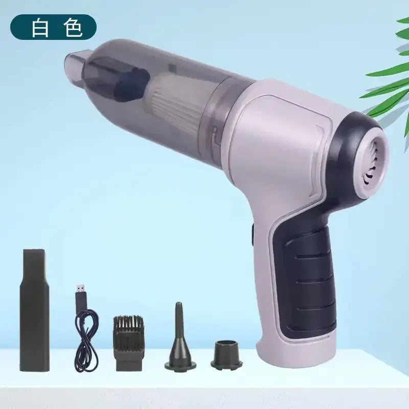 White handheld vacuum cleaner with a translucent dust collection chamber and black grip accents, featuring multiple attachments including brushes and nozzles.