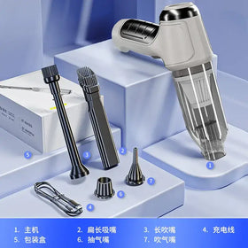 The main object is a sleek, handheld vacuum cleaner with a white and black ergonomic grip and transparent dust collection chamber.