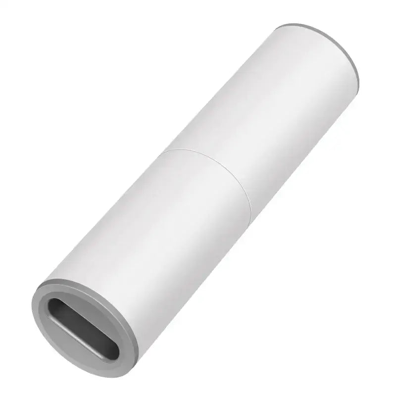 White cylindrical portable charger with a sleek, minimalist design and metallic silver accents at the ends.