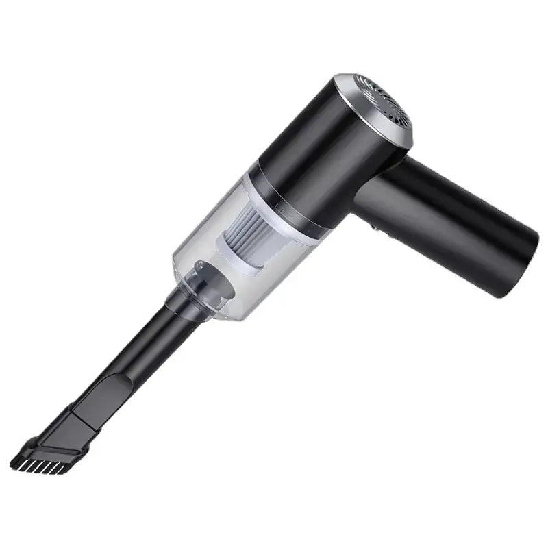 Black handheld vacuum cleaner with a transparent dust collection chamber and silver accents.