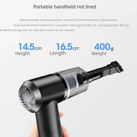 Black handheld vacuum cleaner with a transparent cylindrical body and a brush attachment.