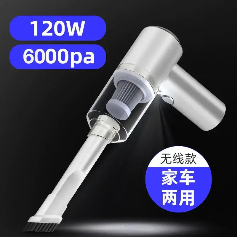 Silver and white handheld vacuum cleaner with a transparent dust collection chamber, designed for both home and car use.
