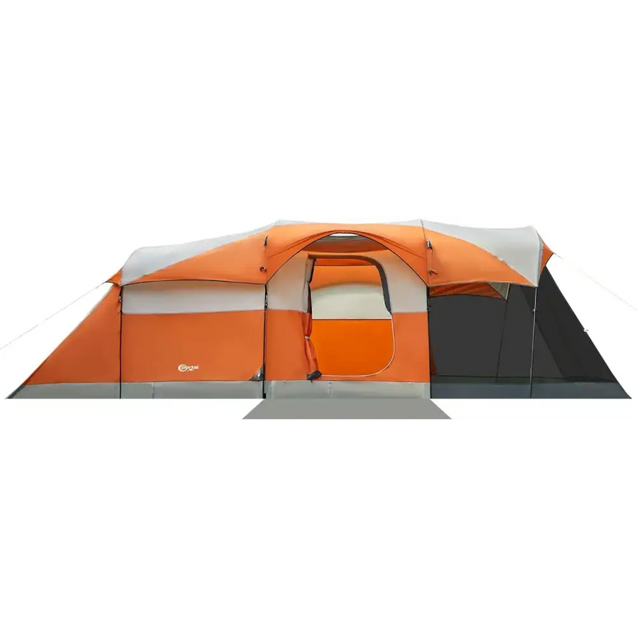 Orange and gray camping tent with a mesh side panel.