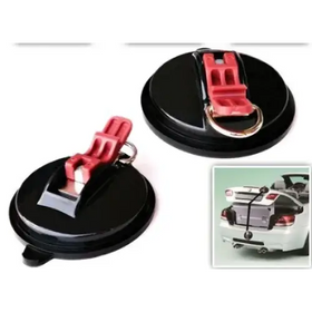 Black circular suction cup car mount with red plastic clip and metal ring.