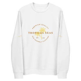 White long-sleeved sweatshirt with a gold circular logo featuring palm trees and the text ’tropical seas’ centered on the chest.