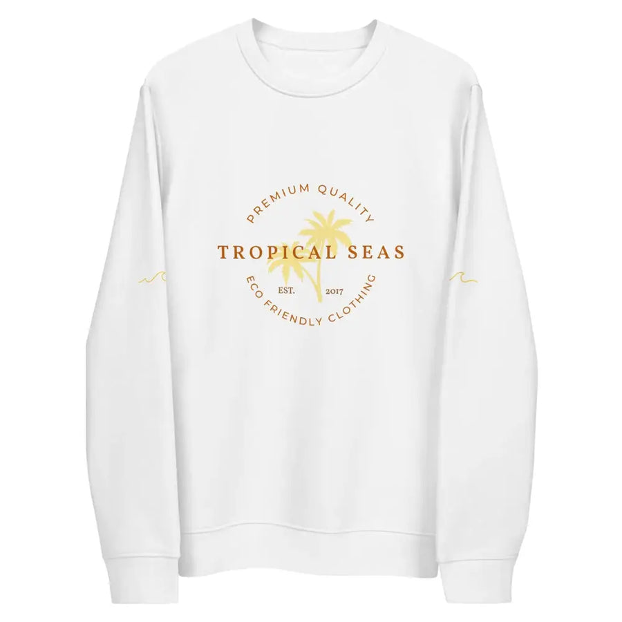 White long-sleeved sweatshirt with a gold circular logo featuring palm trees and the text ’tropical seas’ centered on the chest.
