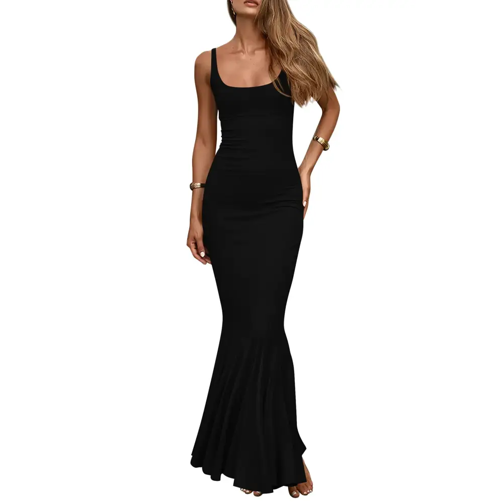 Black sleeveless mermaid-style maxi dress with a square neckline and flared skirt.