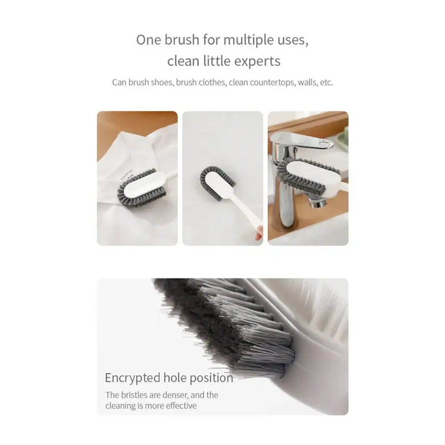 Multi-purpose cleaning brush with a white handle and dense gray bristles, designed for versatile use on shoes, clothes, countertops, and walls.