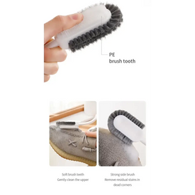 White and gray dual-sided shoe brush with pe bristles for gentle upper cleaning and strong side brushing to remove stains.