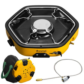 Yellow hexagonal vooma portable camping stove with black interior and silver burner.