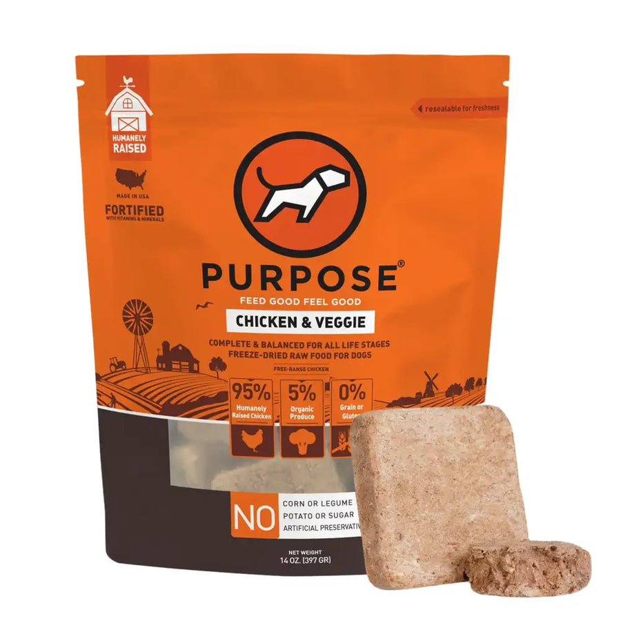 PURPOSE Freeze Dried Raw Dog Food Grain Free Dry Dog Food Complete Balanced Meal or Topper Protein Rich Dog Food for All Breeds and Life Stages Chicken & Veggie Recipe Entrée 14 oz USA Made