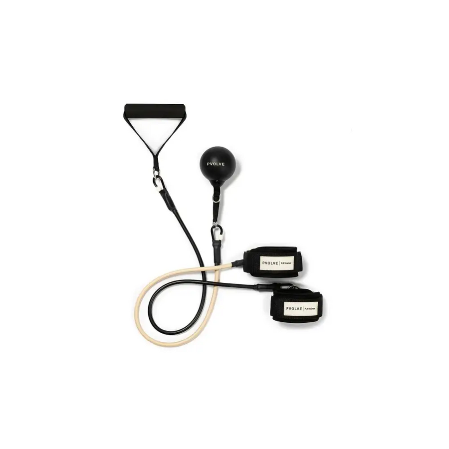Black and beige resistance band exercise kit with a triangular handle, spherical weight ball, and two ankle straps branded ’pvolve’