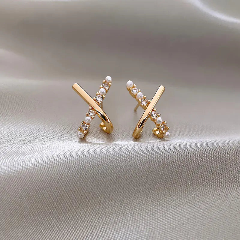 925 Silver Cross Pearl Earrings with Zirconia Detail - Joomcy