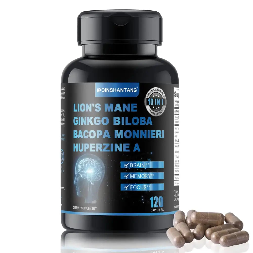 Black plastic bottle of qinshtang lion’s mane dietary supplement with 120 capsules, featuring a label that highlights ingredients like ginkgo biloba and bacopa monnieri.