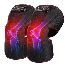 Black and red quner massage knee pads with illuminated joint diagrams on the surface.