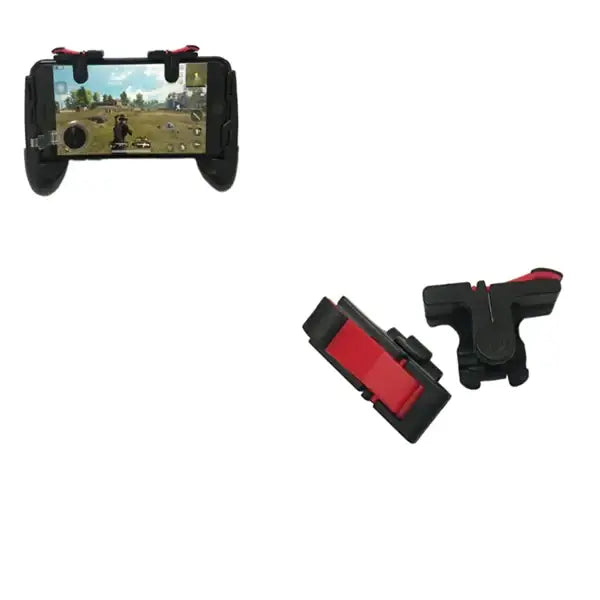 Black and red gaming phone grip with ergonomic design for enhanced control during mobile games.