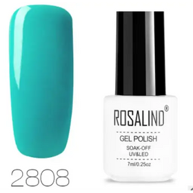 Turquoise gel polish in a white bottle with black cap, labeled ’rosalind gel polish’ and shade number 2808.