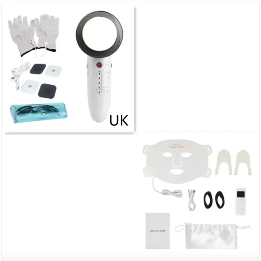 White handheld facial device with a circular black head and control buttons