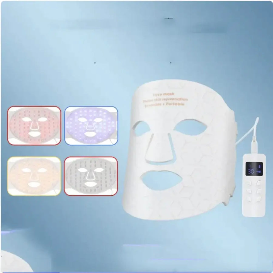 White led facial mask with a honeycomb pattern and four color options shown in inset images.