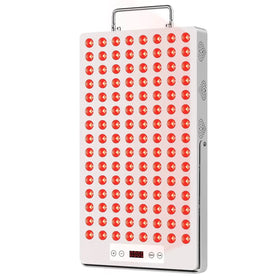 White rectangular led therapy panel with a grid of red circular lights, silver handle and side vents.