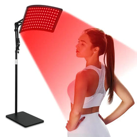 Black adjustable stand with red led panel emitting a warm glow