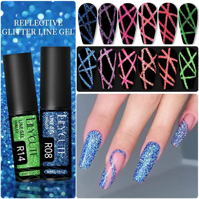 Blue glitter line gel in a black bottle with green label, shown alongside examples of colorful glitter designs on nails.