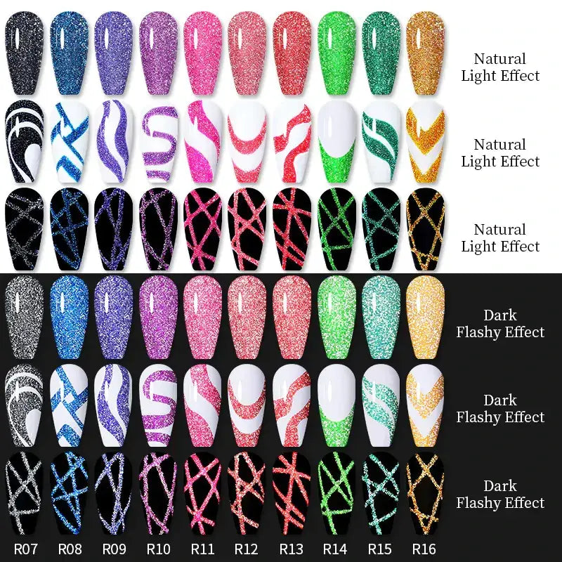 A collection of glittery and patterned nail extensions in various vibrant colors like pink, green, purple, blue, black, white, gold, silver, red, orange, teal, and more.