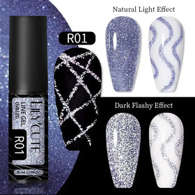 A sleek black bottle of livcute r01 uv/led line gel with a silver label, showcasing glittery nail designs in shades of purple and white.