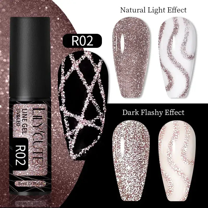 R02 glitter line gel in a sleek black bottle with sparkling rose gold and silver shimmer.