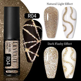 Black cylindrical bottle of livcute r04 uv&led line gel with glittery gold and silver shimmer.