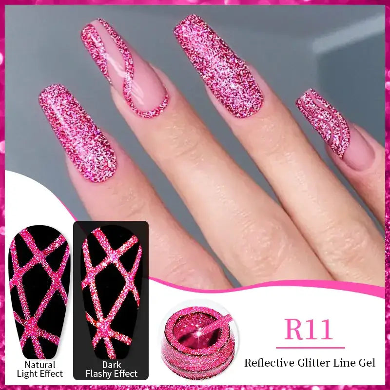 Pink reflective glitter line gel in a small jar with a brush, designed for creating sparkling nail art effects.