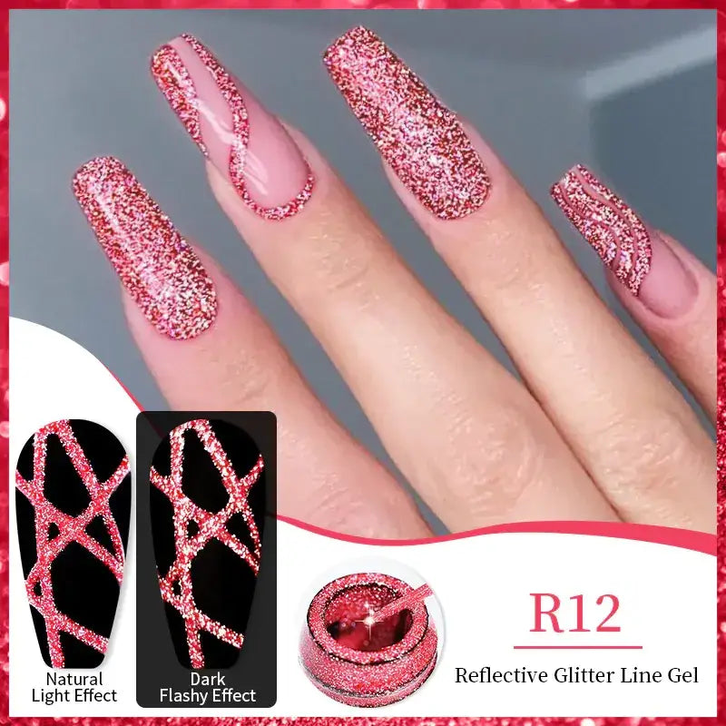 Pink reflective glitter line gel in a small jar with a brush, designed for creating sparkling nail art effects.