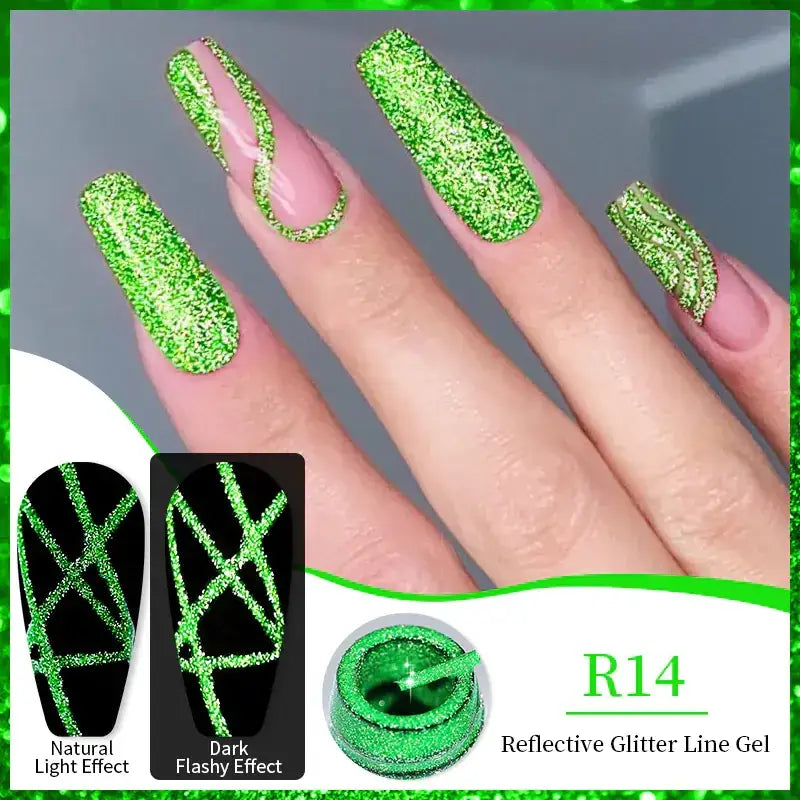 Vibrant green reflective glitter line gel in a small cylindrical container, designed for creating sparkling nail art with options for natural or dark flashy effects.