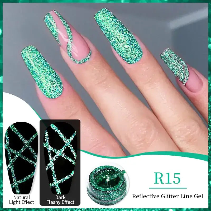 Green reflective glitter line gel in a small jar, designed for creating sparkling nail art with options for natural or dark flashy effects.