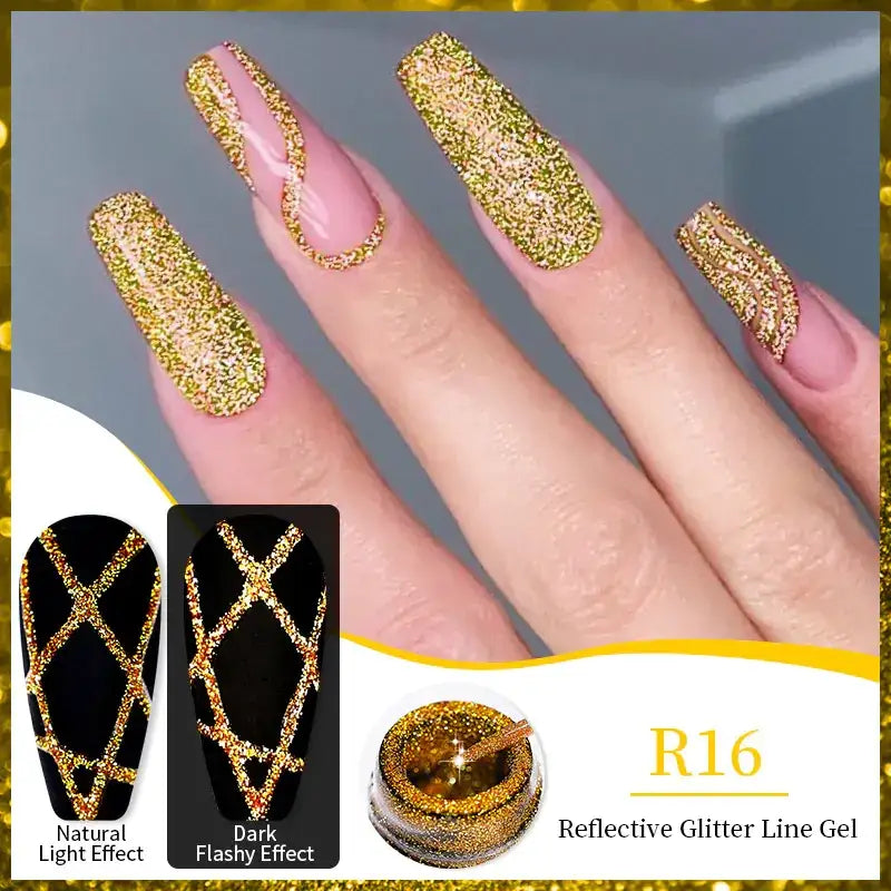 Golden reflective glitter line gel for nails, featuring a shimmering finish with intricate designs.