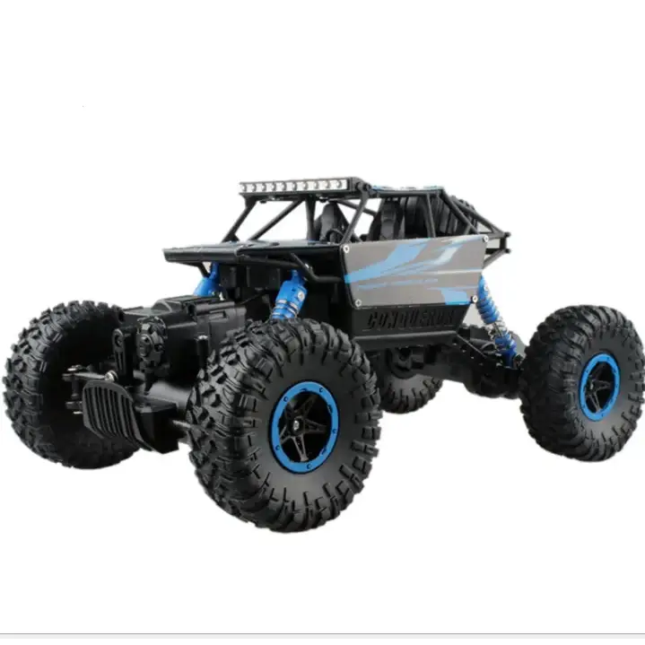 Black and blue remote-controlled off-road rock crawler with rugged tires, a reinforced chassis, and led light bar on top.