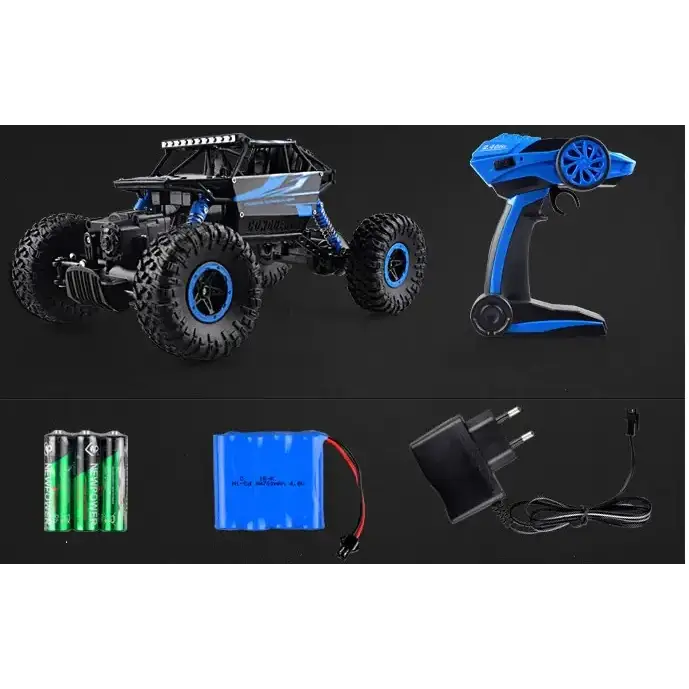 Blue and black remote-controlled rock crawler with rugged tires and a detailed chassis.