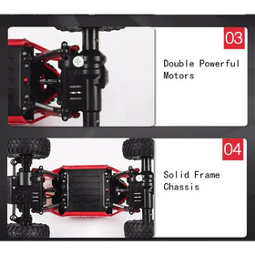 Red and black remote-controlled off-road vehicle with a solid frame chassis and double powerful motors.