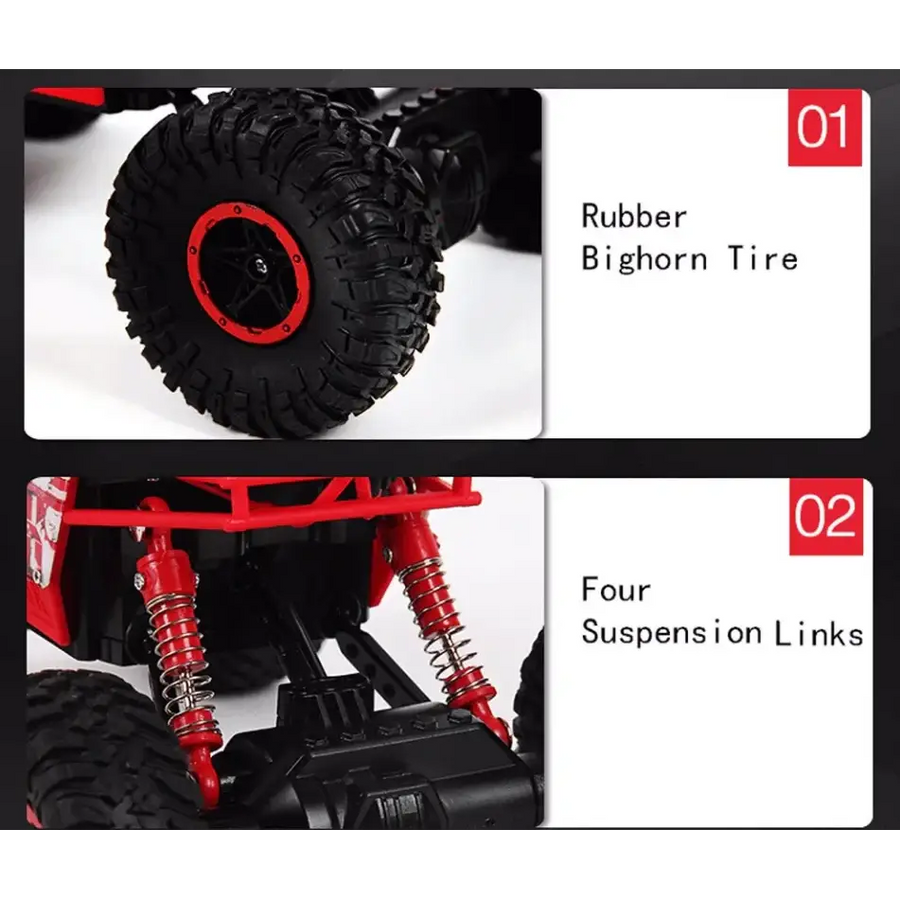 Red and black remote-controlled off-road vehicle with rugged rubber bighorn tires and red suspension links.