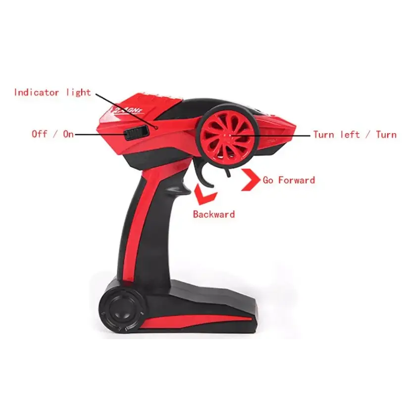Red and black remote control with a wheel design on the handle.