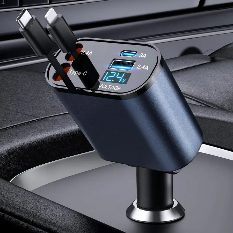 Retractable Car Charger 4 in 1 Fast Car Phone Charger 120W With USB Type C Cable