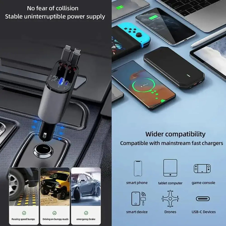 Retractable Car Charger 4 in 1 Fast Car Phone Charger 120W With USB Type C Cable