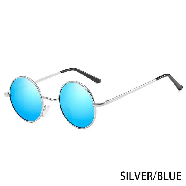 Silver-framed round sunglasses with vibrant blue mirrored lenses.