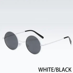 White and black round-frame sunglasses with dark gray lenses.