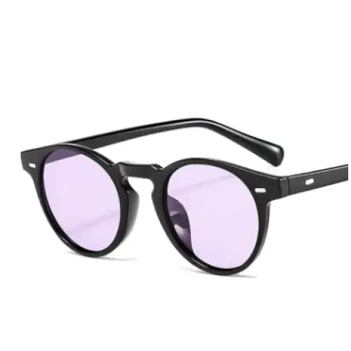 Black round-frame sunglasses with light purple tinted lenses.
