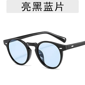 Black round-framed sunglasses with light blue, reflective lenses.