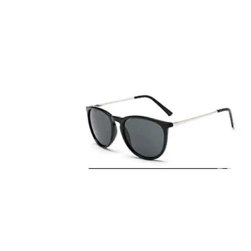Black-framed sunglasses with dark gray lenses and slim metallic temples.
